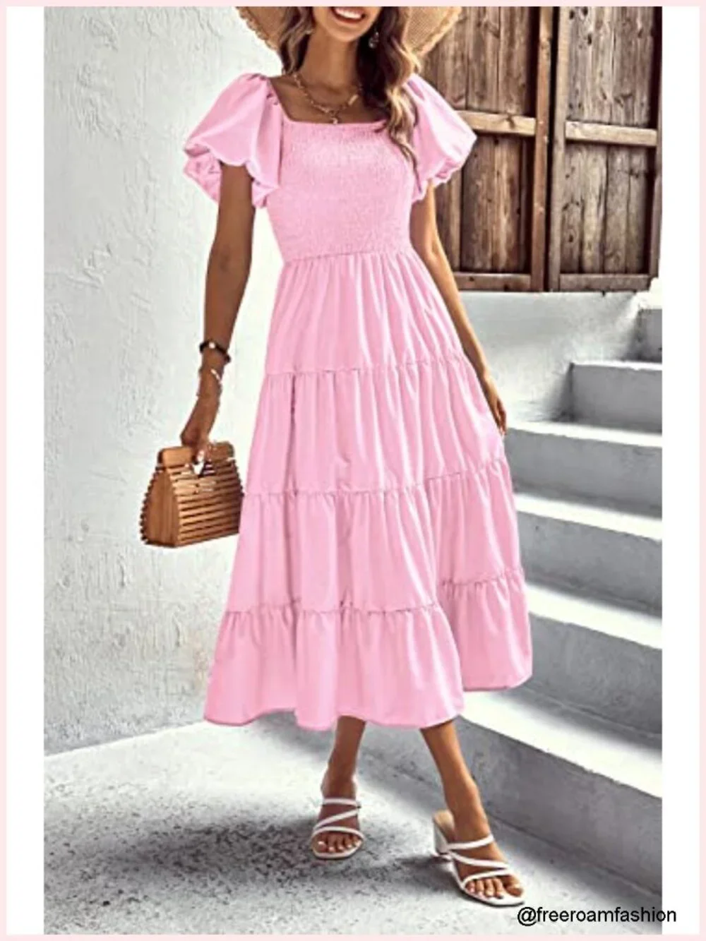 Casual Summer Midi Dress Puffy Short Sleeve Square Neck Smocked Tiered Ruffle
